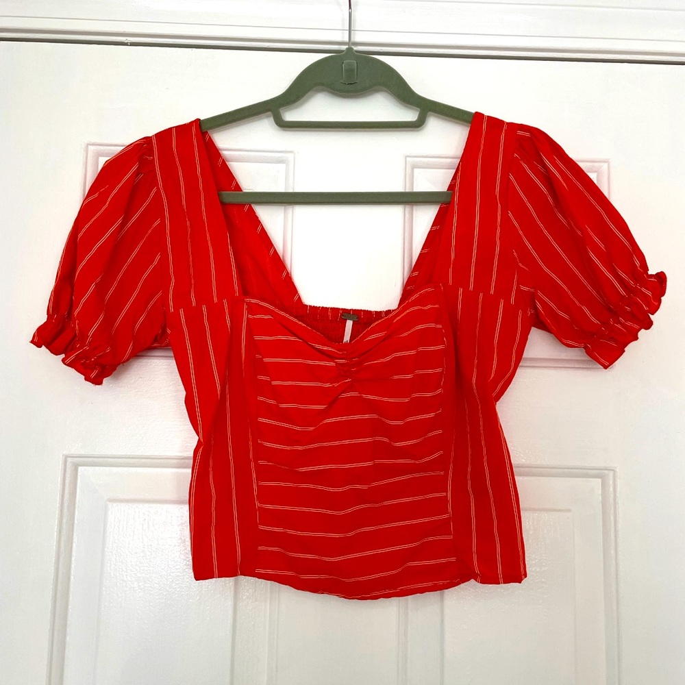 Free People Red Striped Puff Sleeve Crop Top